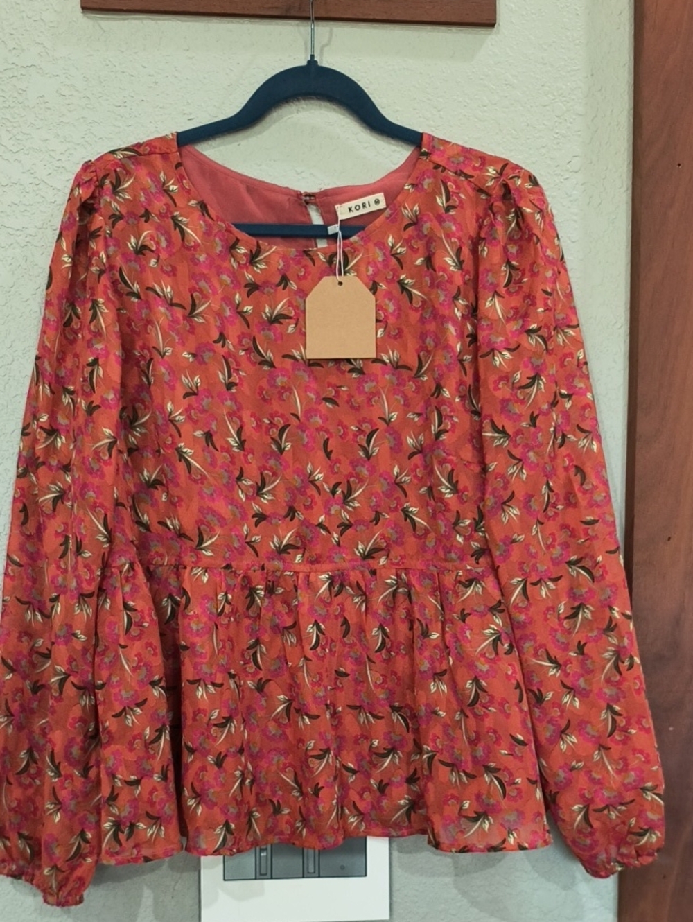 Kori Women's Orange Floral Long-Sleeve Peplum Dress